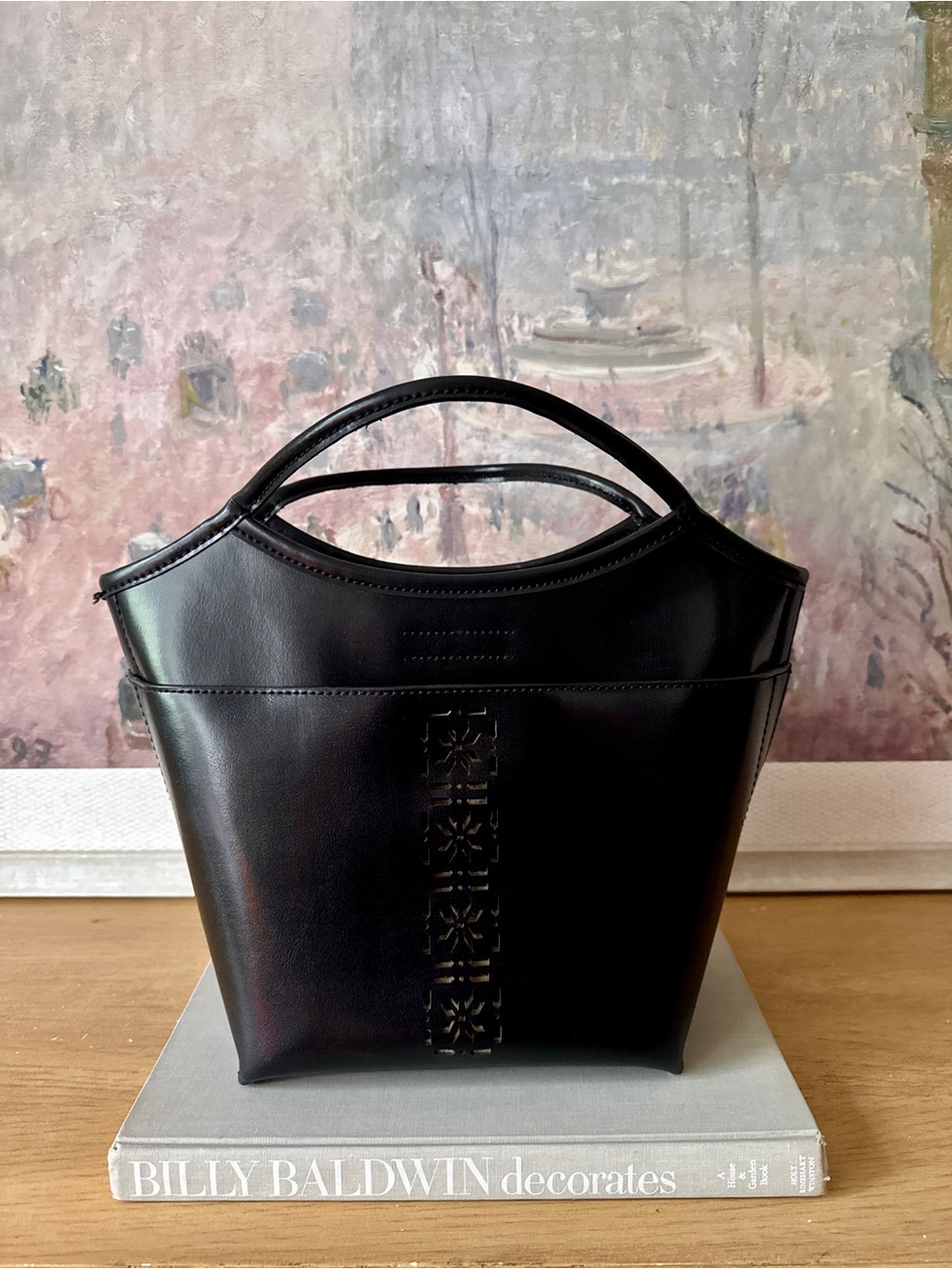 MONDANI Vintage Black Leather Tote Bag with Cutout Detail